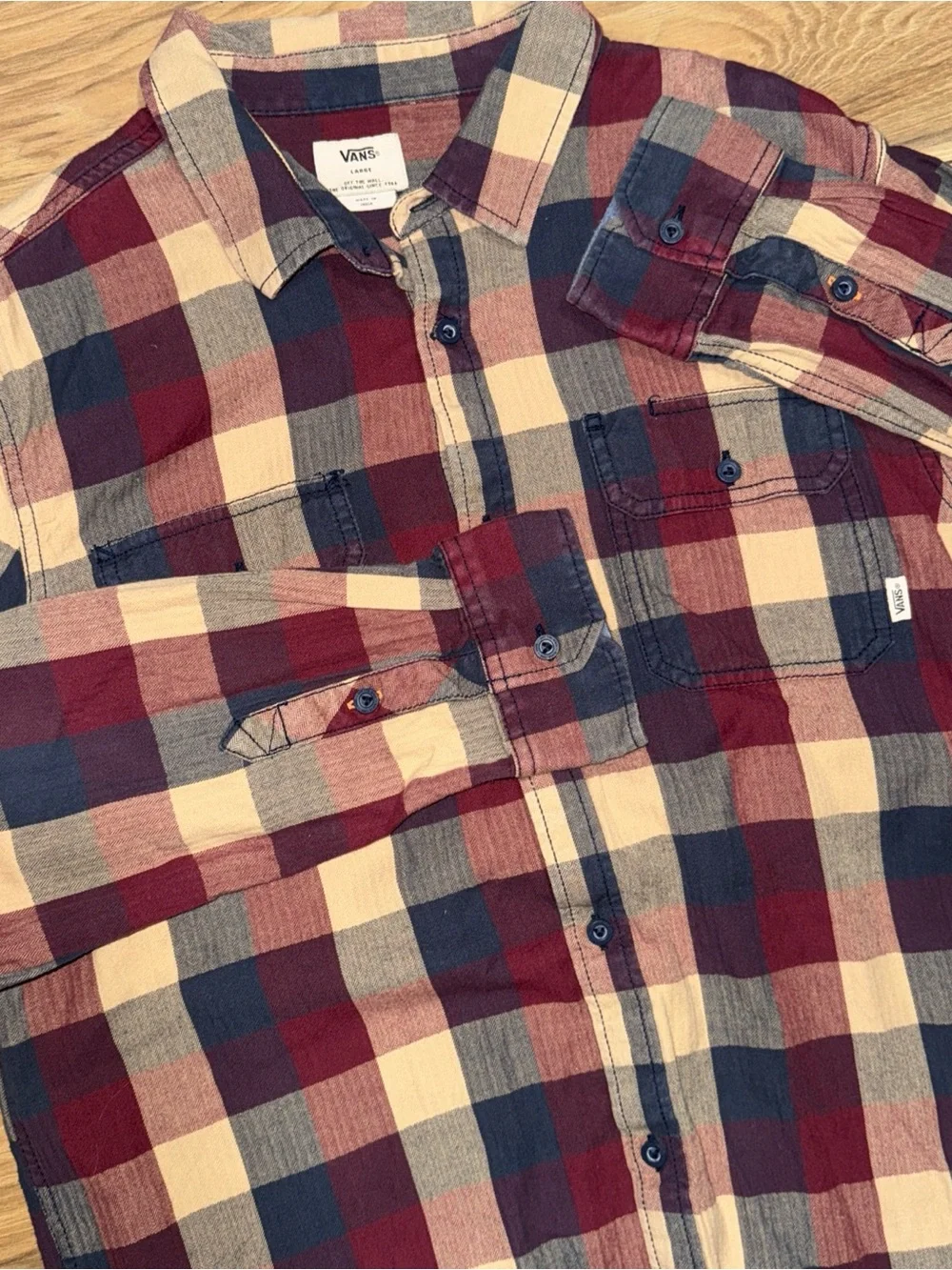 Vans Off The Wall Plaid Checkered Flannel Collared Button Polo Brown Skate sz. L